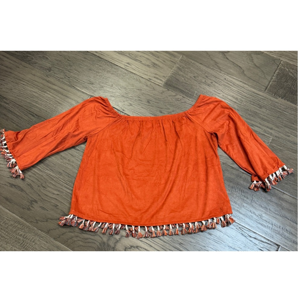Ces Femme Orange Tassel Off Shoulder Top Blouse Bohemian Size S